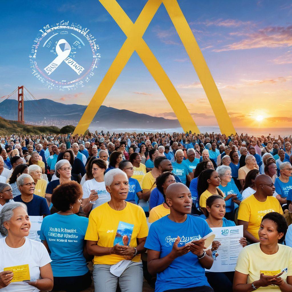 A split-image design showcasing the journey from awareness to action regarding carcinoma: on the left, an attentive crowd listening to a speaker about cancer awareness, with ribbons and informational pamphlets; on the right, a supportive group of survivors sharing stories, surrounded by uplifted hands and symbols of hope like a sunrise. The background should blend tranquil blues and energizing yellows, symbolizing understanding and action. super-realistic. vibrant colors. uplifting atmosphere.