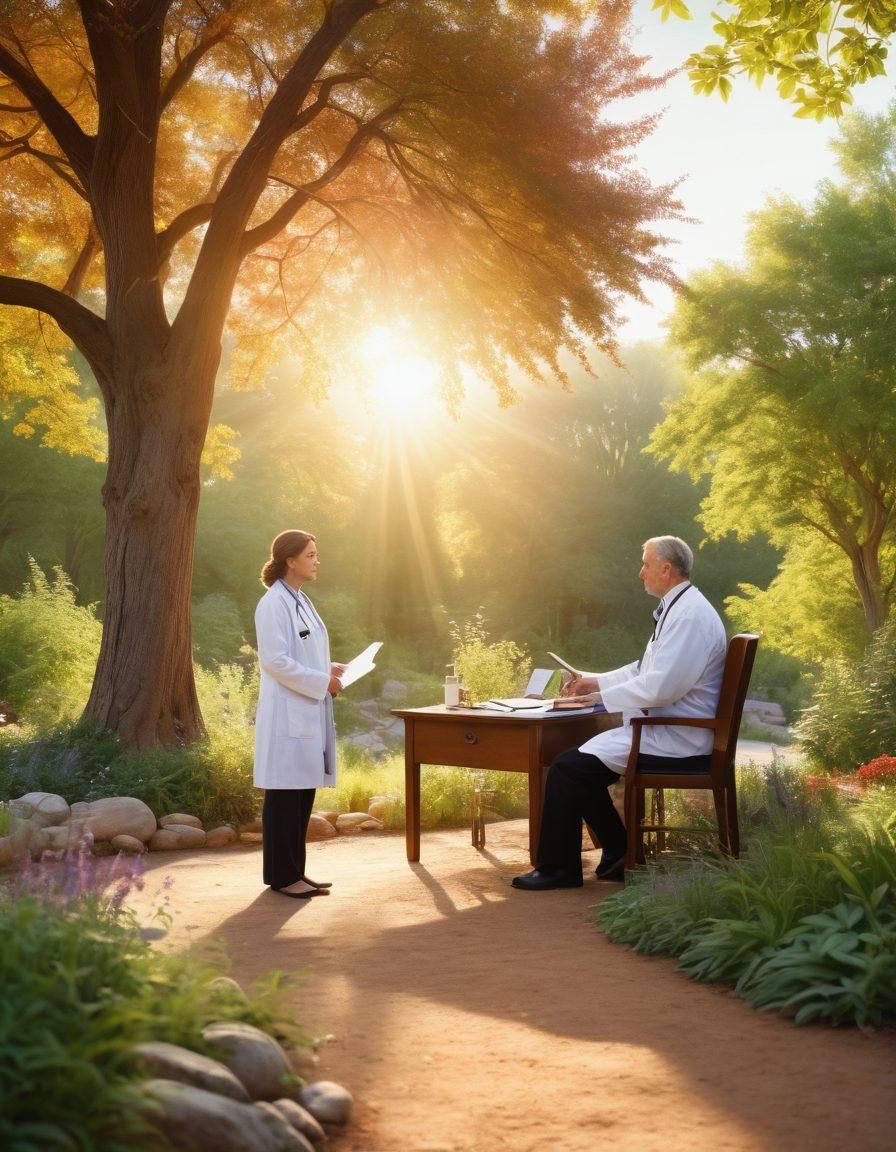 A serene landscape featuring a medical professional discussing tailored treatment options with a patient near a holistic health clinic. Warm sunlight filters through trees, symbolizing hope and healing, while visual elements like charts and herbal remedies suggest a blend of conventional and alternative medicine. Soft, inviting colors create a calm atmosphere. super-realistic. vibrant colors. peaceful background.