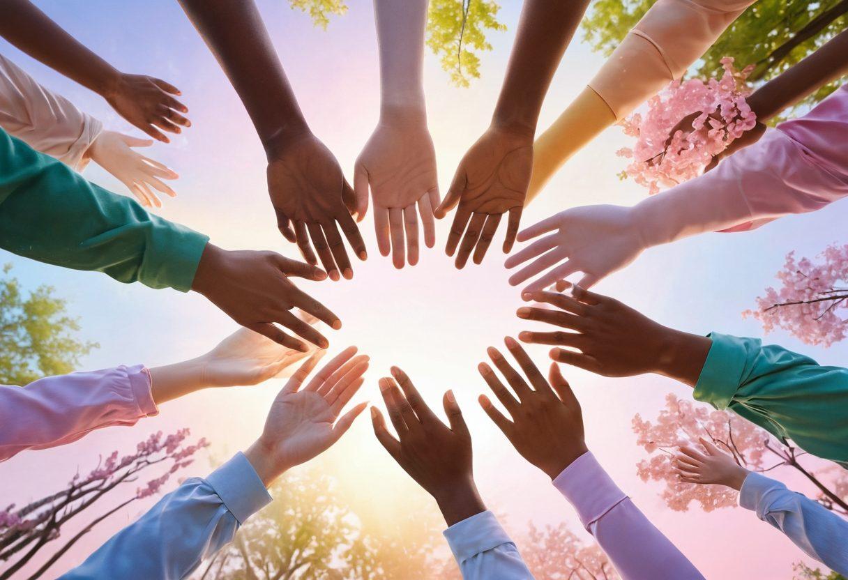 A serene and hopeful depiction of a diverse group of individuals holding hands in a circle, symbolizing unity and support in the face of cancer. In the background, a gentle sunrise emerges, representing new beginnings and hope. Soft pastel colors fill the sky, while subtle ribbons of awareness intertwine around the group, suggesting cancer awareness. The setting is a tranquil park with blooming flowers, embodying resilience and growth. super-realistic. vibrant colors. soft focus.